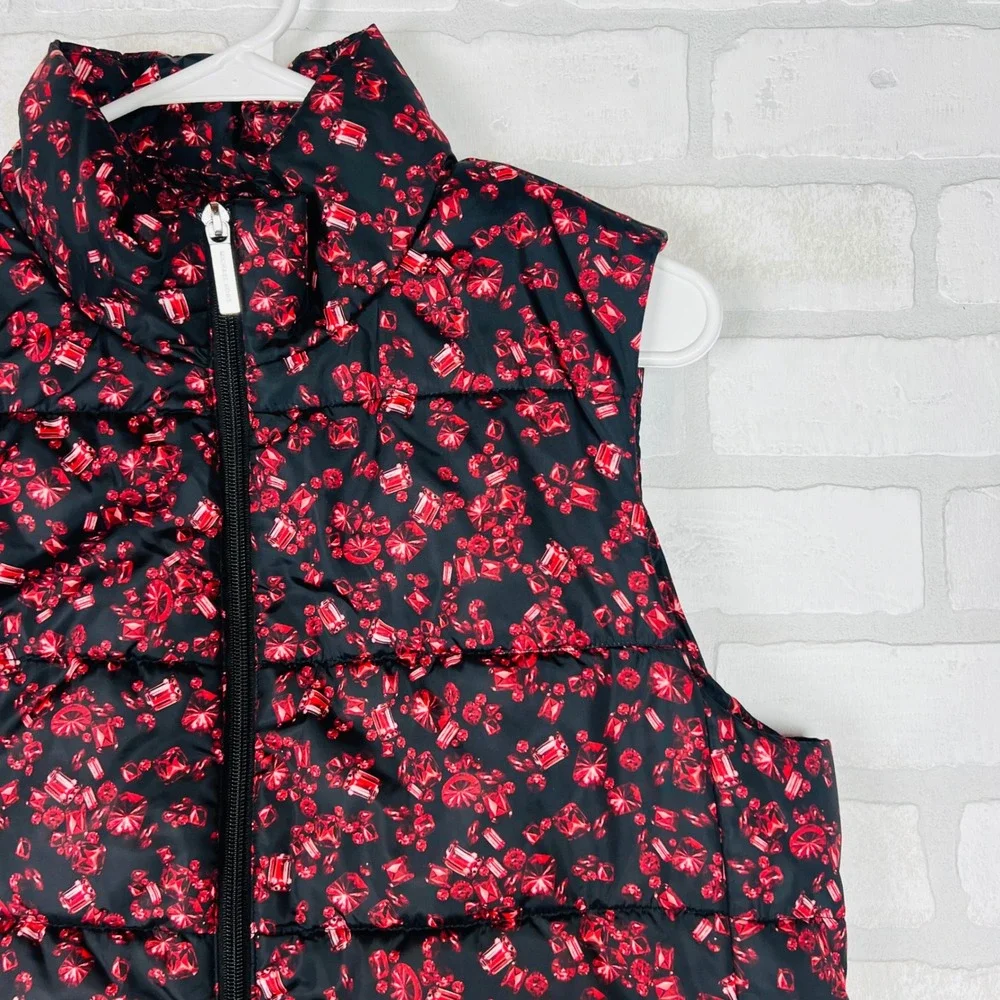 Michael Kors Women Ruby Gemstone Print Puffer Vest Black Red Zip Up Large